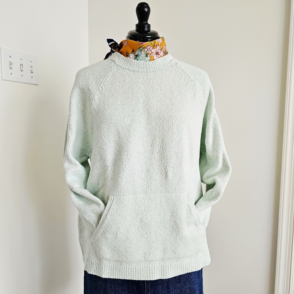 J.Jill Mint Seafoam Green Bouclé Knit Sweater Cozy Beachy Sweatshirt Pockets PM